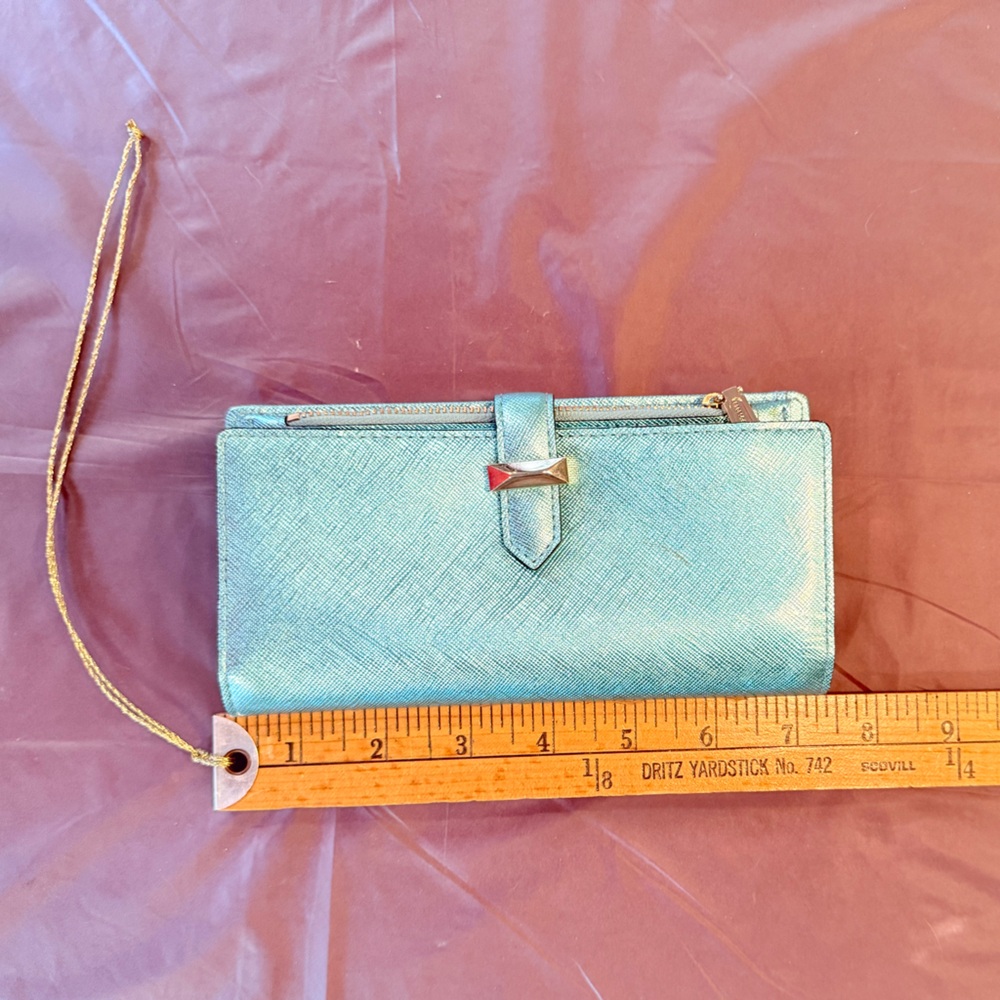NWOT Rebecca Minkoff Metallic Teal Saffiano Leather slim wallet MSRP $195 - Picture 3 of 10